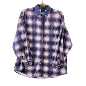 VTG Solutions Org Plaid Floral Denim Button Down Shirt L Cottagecore Grandma
